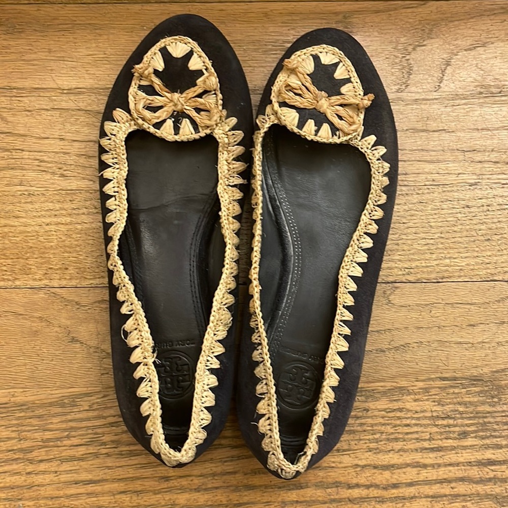 Tory Burch blue suede and straw flats